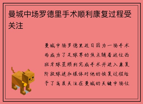 曼城中场罗德里手术顺利康复过程受关注