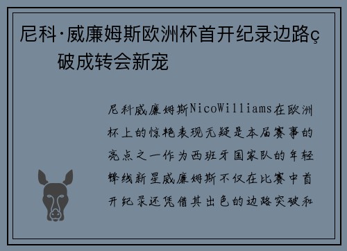 尼科·威廉姆斯欧洲杯首开纪录边路爆破成转会新宠