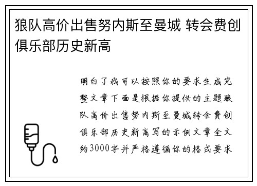 狼队高价出售努内斯至曼城 转会费创俱乐部历史新高